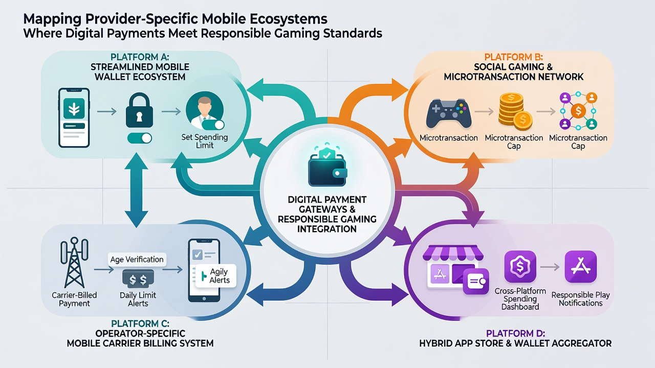 Illustration of responsible gaming dashboards linked to mobile payment systems